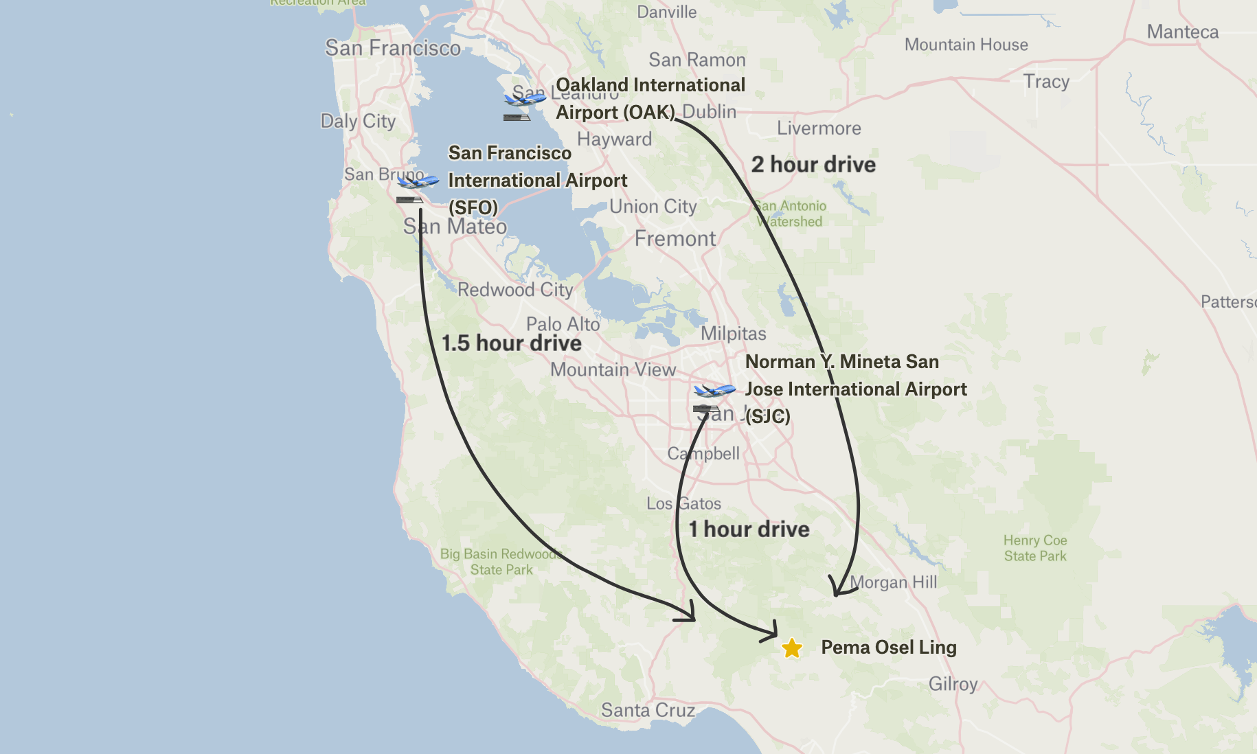 Map showing the distances from different airports to the venue. San Jose airport is about 1 hour, San Francisco is about 1.5 hours, and Oakland is about 2 hours.